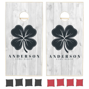 Clean Light Gray Wooden Four Leaf Clover with Name Cornhole Set