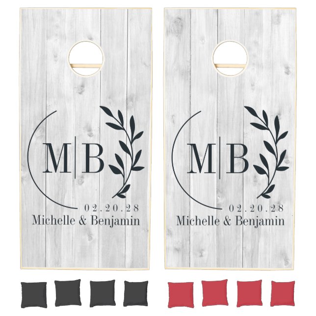 Clean Light Gray Wooden Leaf Wedding Monogram Cornhole Set (Set)