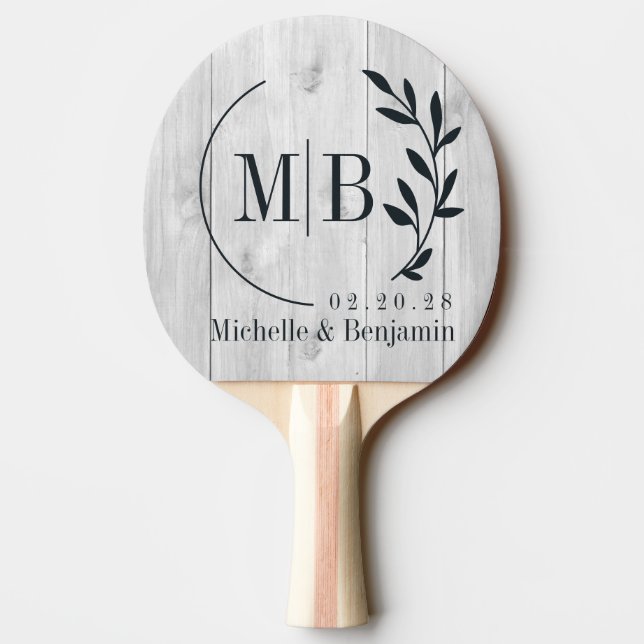 Clean Light Gray Wooden Leaf Wedding Monogram Ping Pong Paddle (Back)