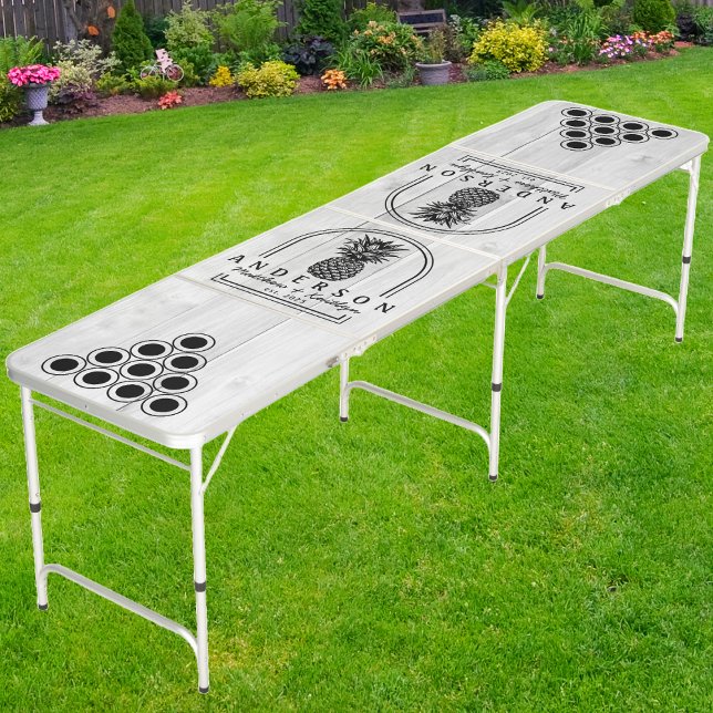 Clean Light Gray Wooden Pineapple Wedding Arch Beer Pong Table (Creator Uploaded)