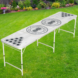 Clean Light Gray Wooden Pineapple Wedding Crest Beer Pong Table