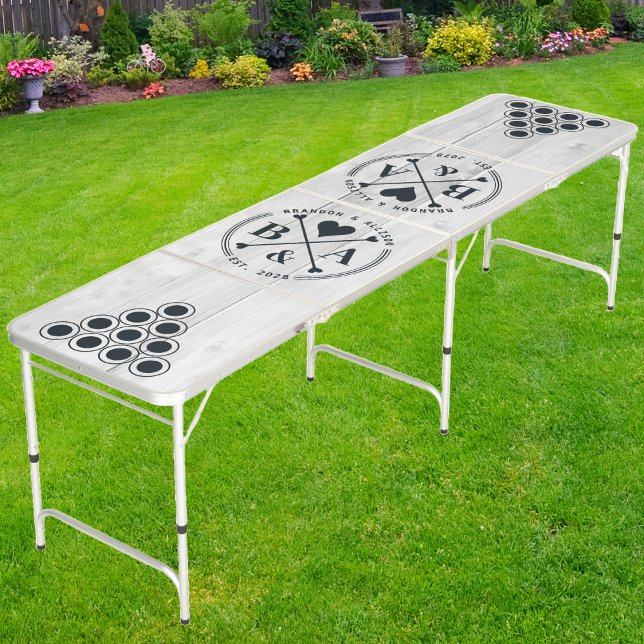 Clean Light Gray Wooden Wedding Heart Crossing Beer Pong Table (Creator Uploaded)