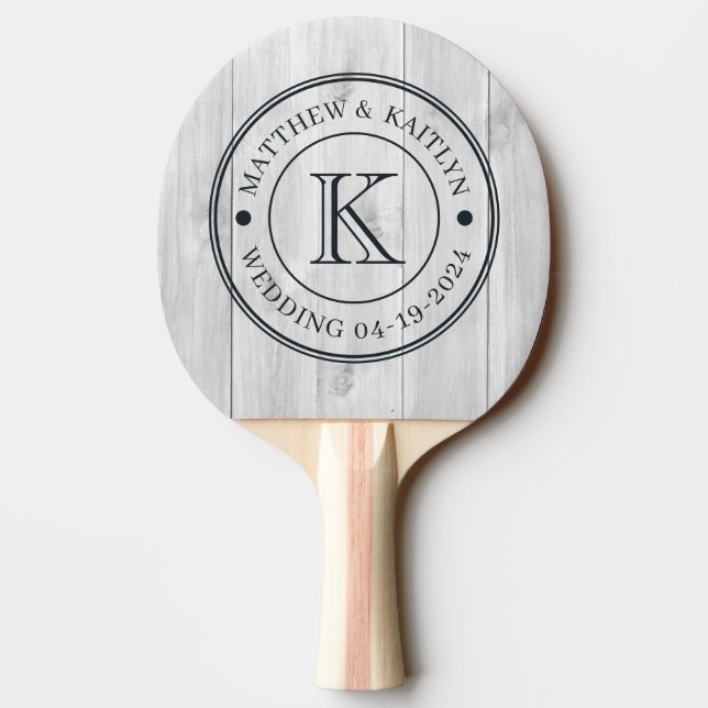 Clean Light Gray Wooden  Wedding Monogram Ping Pong Paddle (Back)