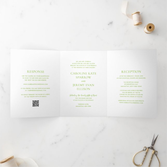 Clean Lime Green QR Code Elegant Wedding Tri-Fold Invitation (Inside)
