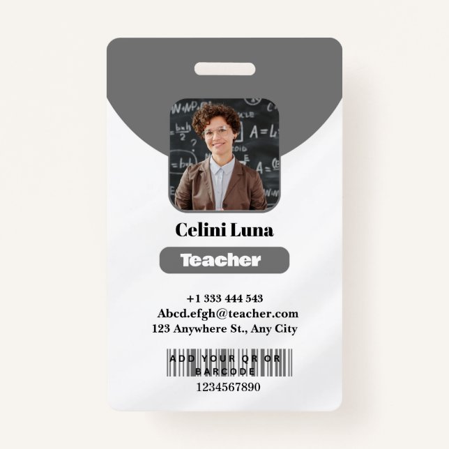 Clean Lines & Class: Minimalist Gray Teacher ID Badge (Front)