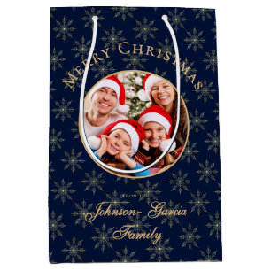 Clean Midnight Blue Gold Snowflakes Christmas Medium Gift Bag