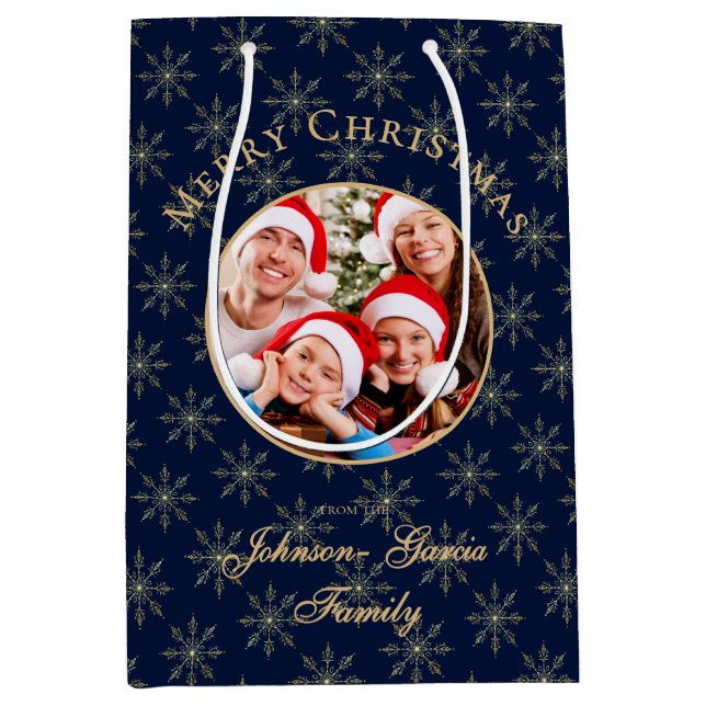 Clean Midnight Blue Gold Snowflakes Christmas Medium Gift Bag (Front)