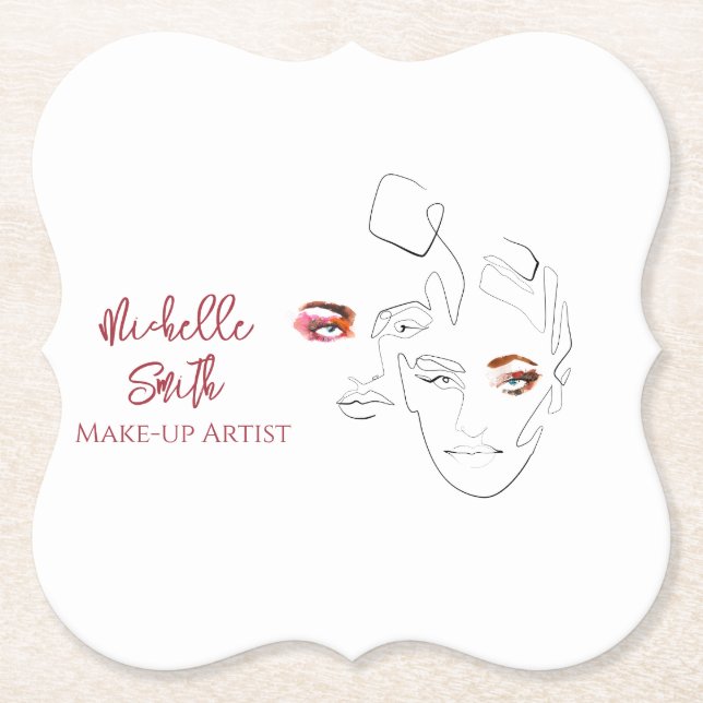 Clean Minimal Line Art Watercolor Makeup Artist  Paper Coaster (Front)