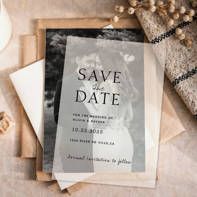 Clean Minimal Script Photo Wedding Save the Date Vellum Invitations (Creator Uploaded)