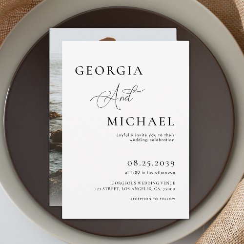 Clean Minimalist Modern Script Plain Photo Wedding Invitation