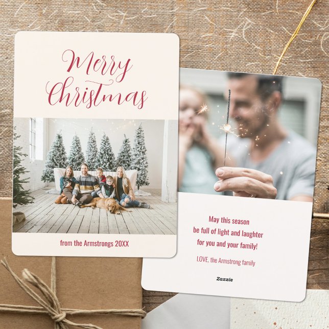 Clean Minimalist Script Warm Crimson Photo Holiday Card (Clean Minimalist Script Family Photo Christmas Holiday Card ©Susanne Sachers - Sunny Mind Design 🌞)