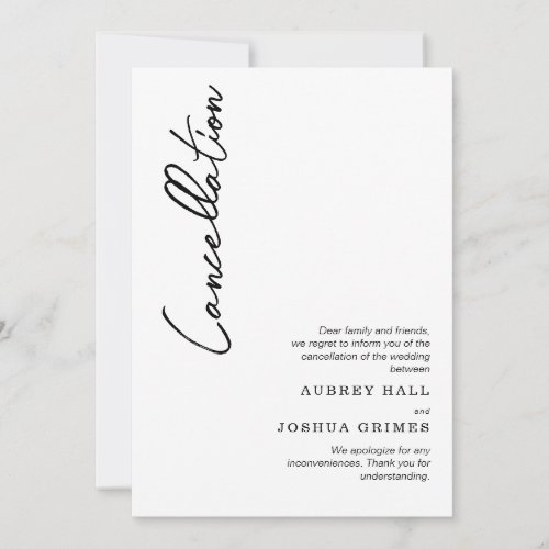 Clean Modern Black White Wedding Cancellation Invitation