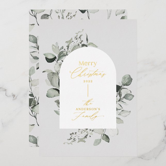 Clean modern elegant botanical green gray foil hol foil holiday card (Front/Back)