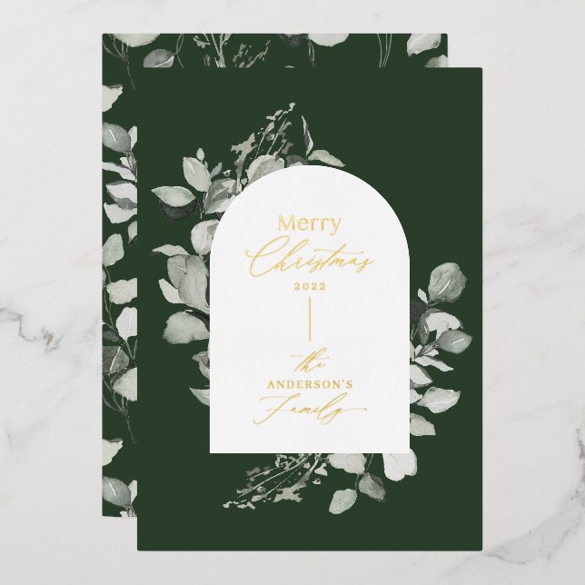 Clean modern elegant botanical green gray foil hol foil holiday card (Front/Back)
