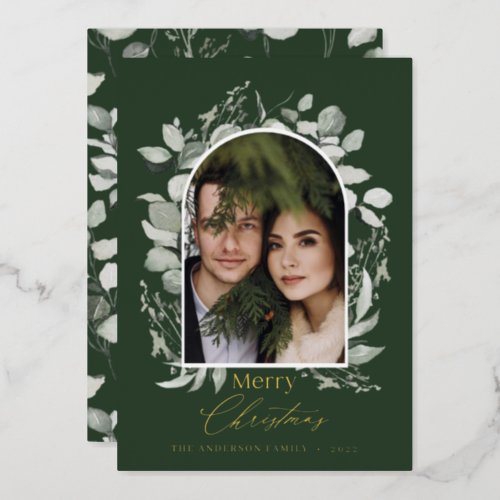 Clean modern elegant botanical green gray photo fo foil holiday card