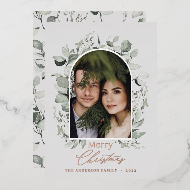 Clean modern elegant botanical green gray photo fo foil holiday card (Front/Back)