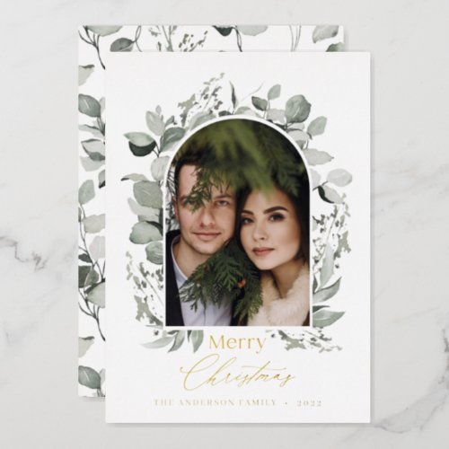 Clean modern elegant botanical green gray photo foil holiday card
