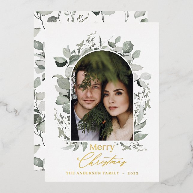 Clean modern elegant botanical green gray photo foil holiday card (Front/Back)