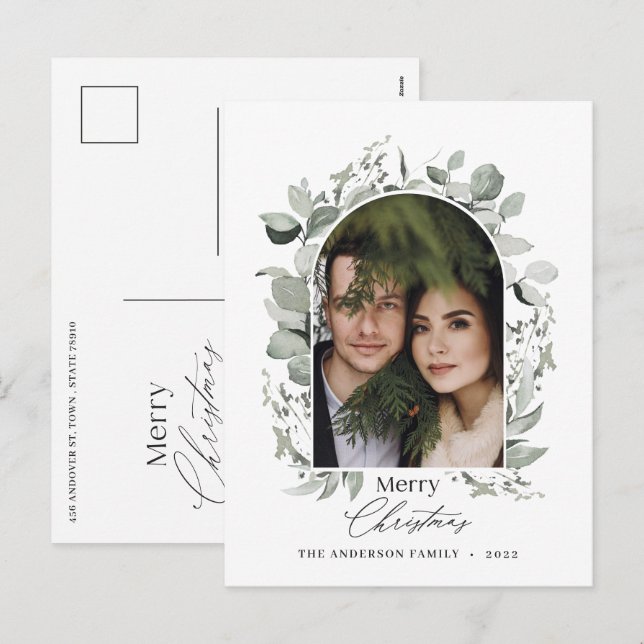 Clean modern elegant botanical green gray photo ho holiday postcard (Front/Back)