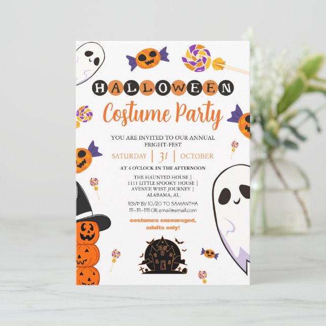 Clean Modern Ghost Candy Halloween Costume Party Invitation (Standing Front)
