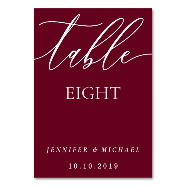 Clean Modern Minimalist Calligraphy Seat burgundy Table Number