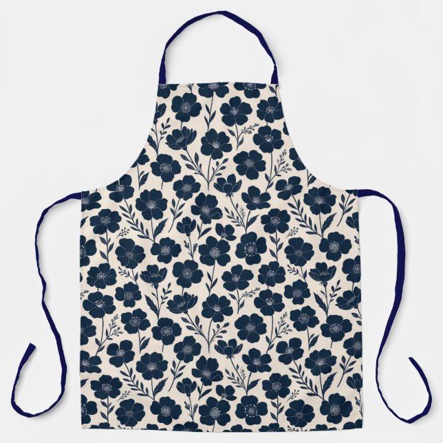 Clean monochrome wildflowers in navy on cream  apron (Front)