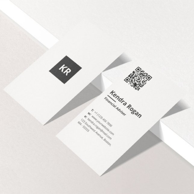 Clean Monogram QR Code Minimal White Vertical Business Card (Creator Uploaded)