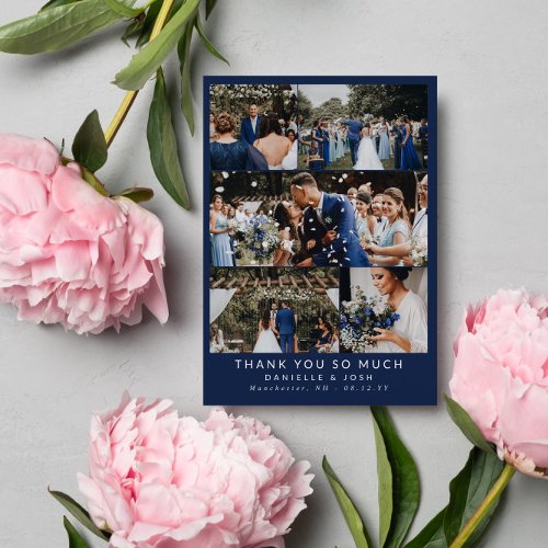 Clean Navy Blue Wedding Photo Collage Thank You