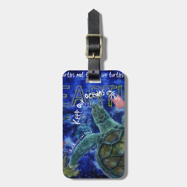 Clean Ocean Sea Turtle Art Luggage Tag (Front Vertical)