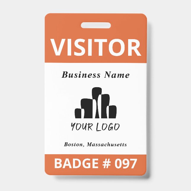 Clean Orange White Visitor Logo Template Badge (Front)