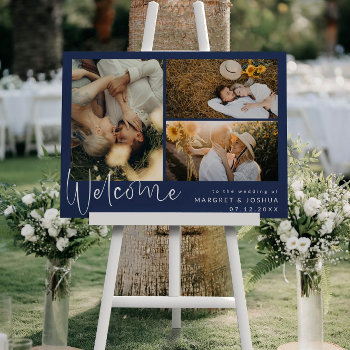 Clean Photo Collage Navy Blue Wedding Welcome Foam Board by Paperpaperpaper at Zazzle