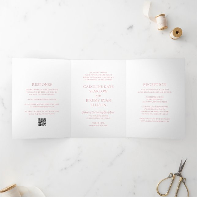 Clean Pink QR Code Elegant Wedding Tri-Fold Invitation (Inside)