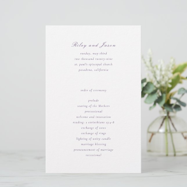 Clean Purple Elegant Wedding Program (Standing Front)