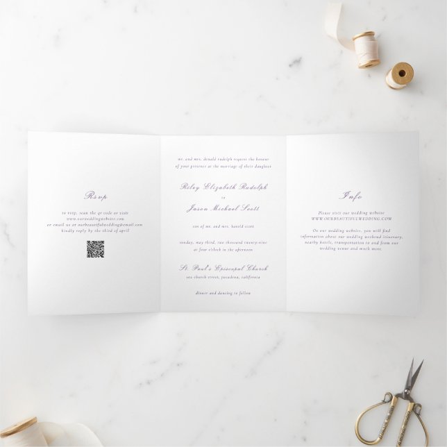 Clean Purple QR Code Elegant Wedding Tri-Fold Invitation (Inside)