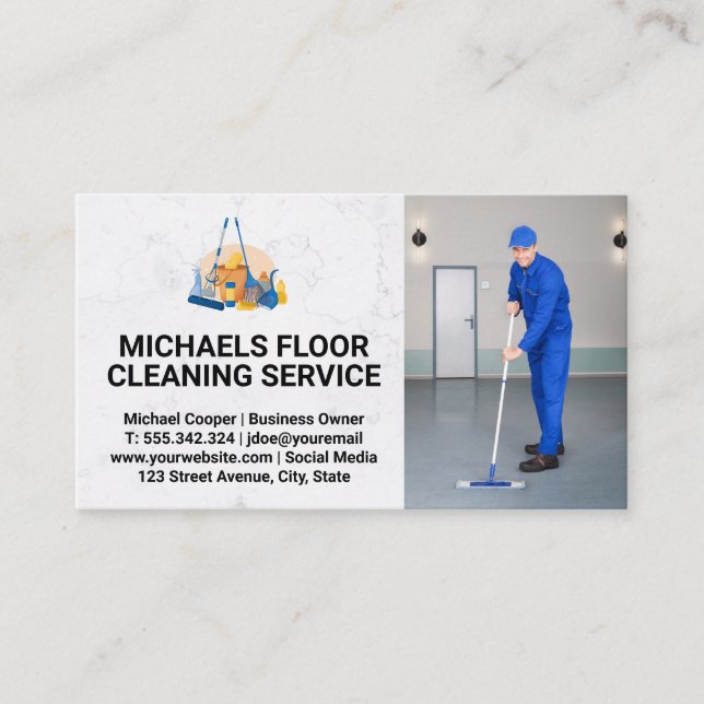 Clean Service | Janitor Cleaning Floor Business Card (Front)