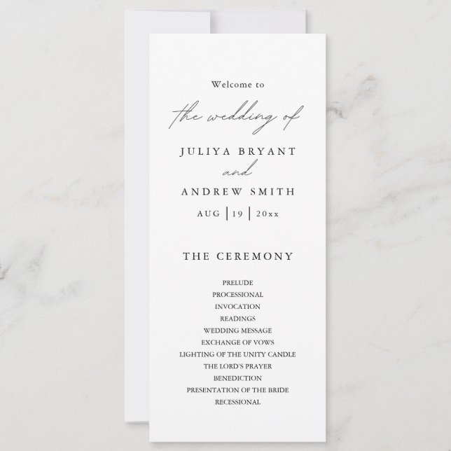 Clean stylish black & white wedding programme card (Front)