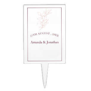 Clean White and Pink Simple Leaf Modern Wedding Cake Topper