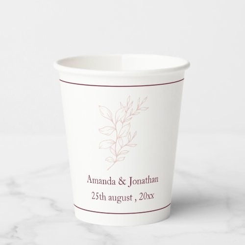 Clean White and Pink Simple Leaf  Modern Wedding Paper Cups