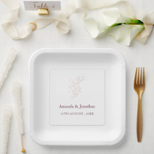 Clean White and Pink Simple Leaf Modern Wedding Paper Plates