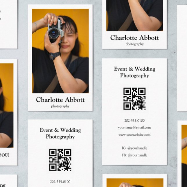 Clean White Border QR Code Photographer Vertical Business Card (Creator Uploaded)