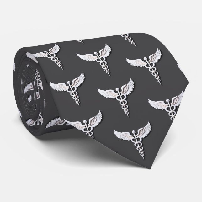 Clean White Detailed Caduceus Medical Anthracite Neck Tie (Rolled)