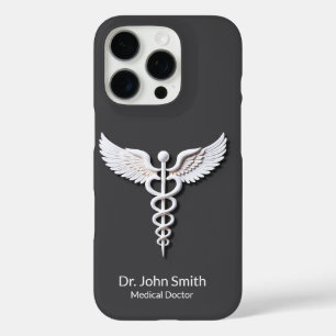 Clean White Detailed Caduceus Warm Gray Medical iPhone 16 Pro Case