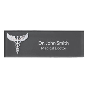 Clean White Detailed Caduceus Warm Gray Medical Name Tag