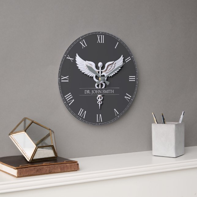 Clean White Detailed Medical Caduceus Anthracite Large Clock (Office)