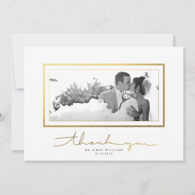 Clean White Gold Script Elegant Thank You Card (Front)