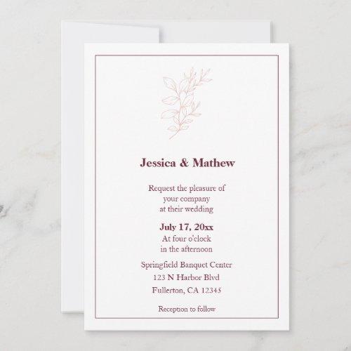 Clean White  Pink Simple Leaf  Modern Wedding Invitation