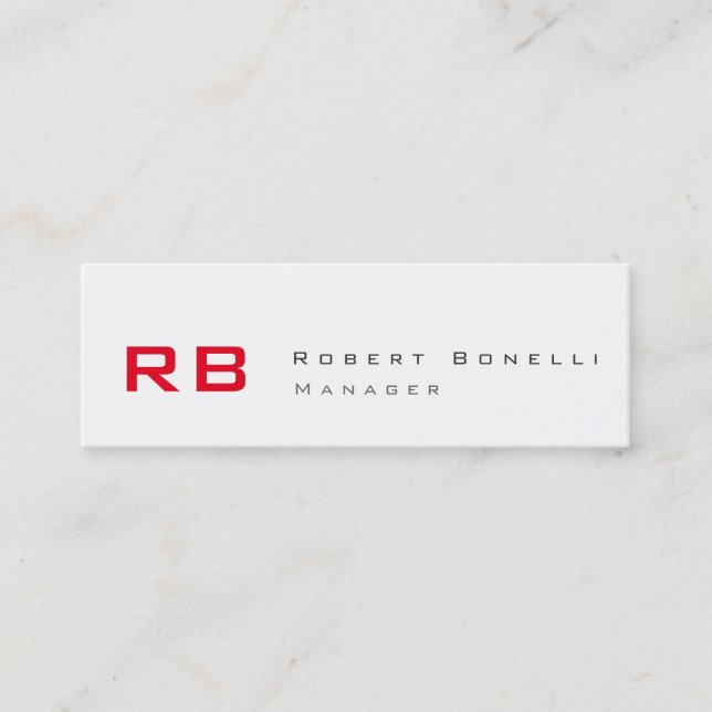Clean White Red Monogram Skinny Business Card (Front)