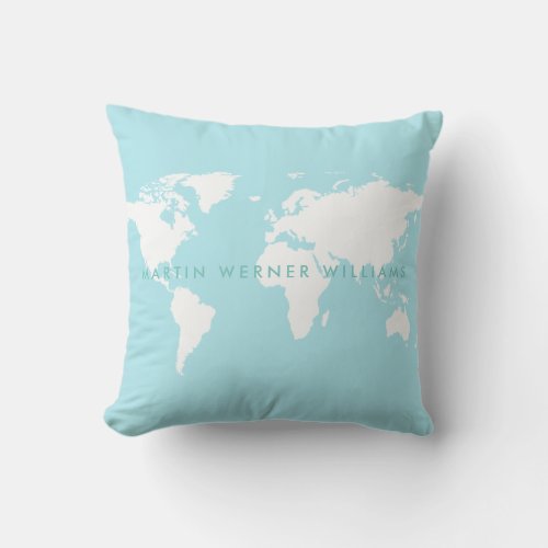 clean white world map on light blue throw pillow