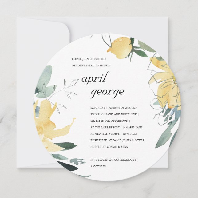 CLEAN YELLOW GREEN FLORAL GENDER REVEAL INVITE (Front)