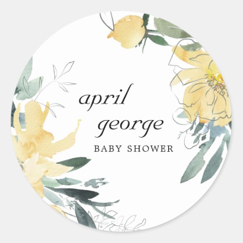 CLEAN YELLOW GREEN FLORAL WATECOLOR BABY SHOWER CLASSIC ROUND STICKER